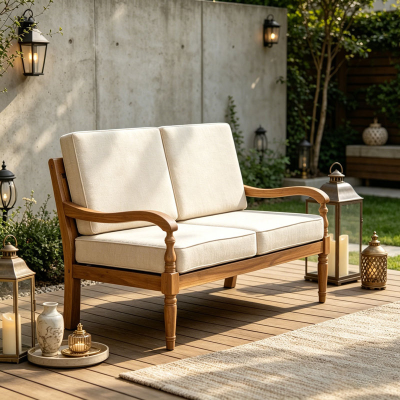 Causeuse d'extérieur en bois d'acacia avec coussins