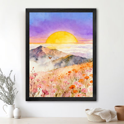 Reproduction d'art encadrée noire, soleil, paysage de montagne coucher de soleil