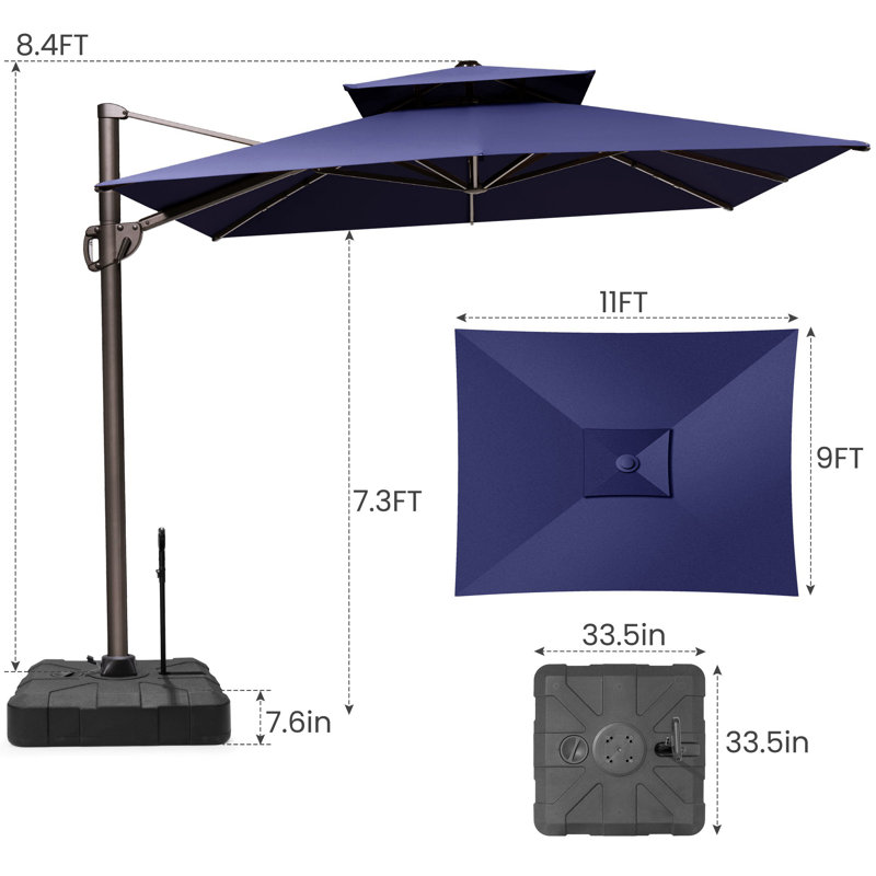 Parasol rectangulaire en porte-à-faux 9 pi x 11 pi, base de contrepoids incluse - déplaçable sans effort par une seule personne