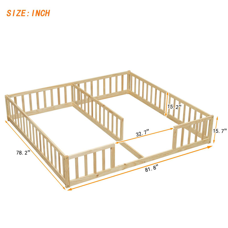 Double Twin Floor Bed With Fence, Guardrails, Natural