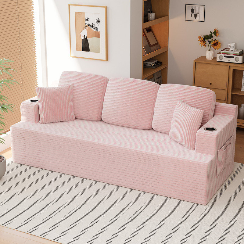 Canapé en mousse Boneless 3 places avec porte-gobelets et coussins décoratifs, Gris, H 28,35 po x l 86,61 po x P 35,43 po
