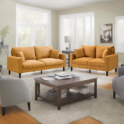 Orange Comfy Two Piece - Corduroy For Dorm, Living Room 3 Seater + 2 With Soft Sponge Cushion Modern Upholstered Bedroom, And Frame Human Design Pillows High