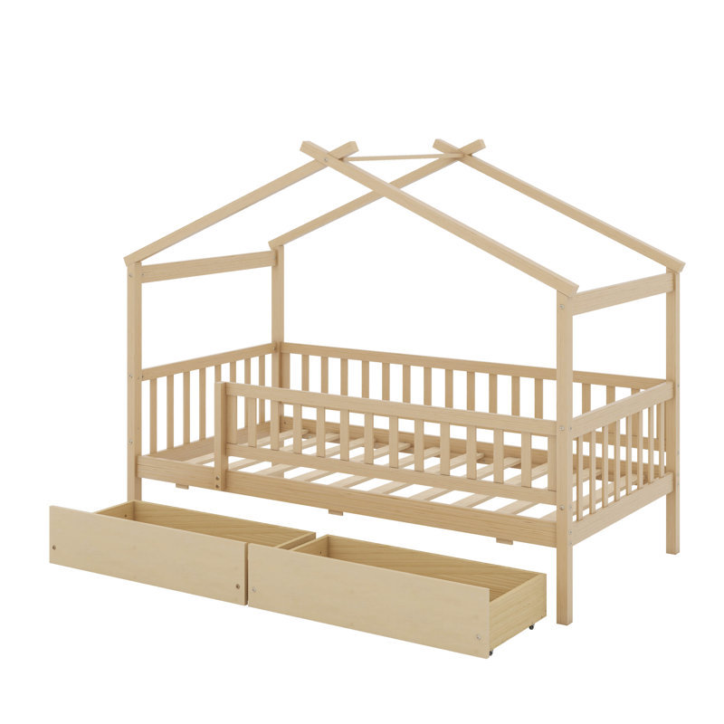 Lit simple en bois avec tiroirs, Naturel