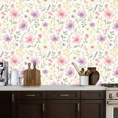 Wildflowers Green Wild Plants Butterfly Floral Peel and Stick Wallpaper Removable Self-Adhesive Wall Covering Waterproof Accent Wallpaper Roll for Kids Bedroom Living Room Kitchen 17.5" x 118"