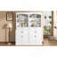 Armoire de rangement blanche avec quatre portes, tiroirs, tablette réglable et six tablettes ouvertes blanches