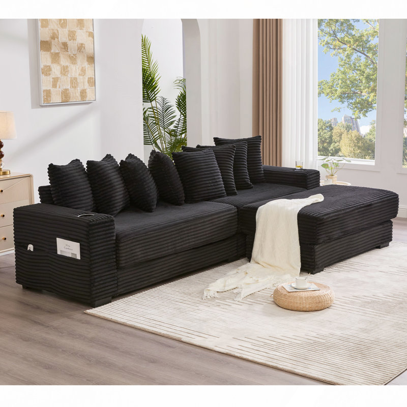 Canapé modulaire en L 110,75 po, canapé modulaire en velours côtelé, avec repose-pieds mobile, porte-gobelets, 8 coussins décoratifs, poche latérale, déplier dans un lit
