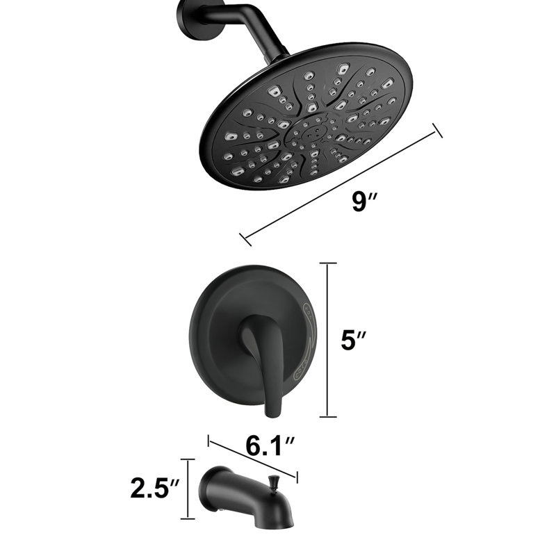 Matte Black Shower Faucet With Single Handle. Has Rain Showerhead, Handheld Shower, Tub Spout & Valve. 1.8 Gpm Flow Rate. Resists Corrosion. Wall Mount Handle In Beauty. Includes And . Flow. 360°