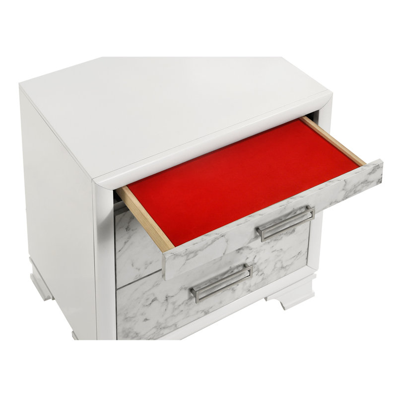 Table de chevet contemporaine pour chambre blanche avec deux tiroirs et quincaillerie de rangement