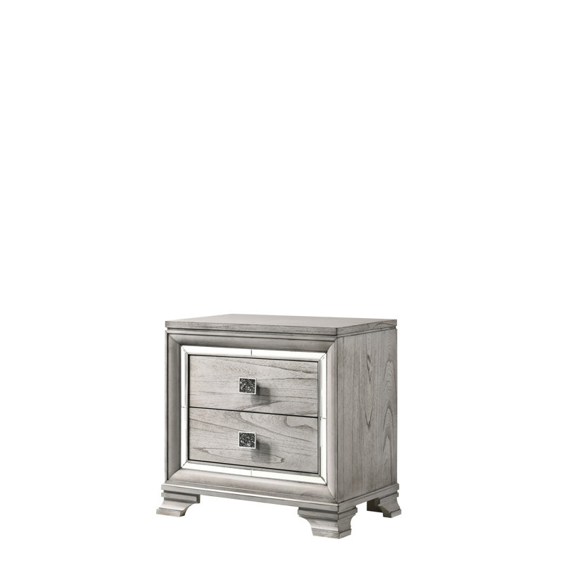 Table de chevet moderne en bois massif gris avec 2 tiroirs et 2 décorations en miroir Charisma