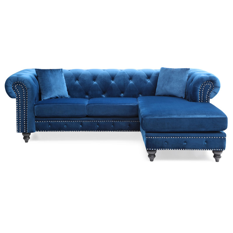 Nola Velvet L-Shaped Sectional Reversible, Navy Blue