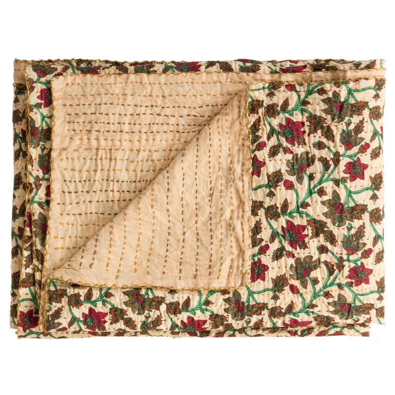 Couverture 100% coton KANTHA, Turquoise / rouge / jaune