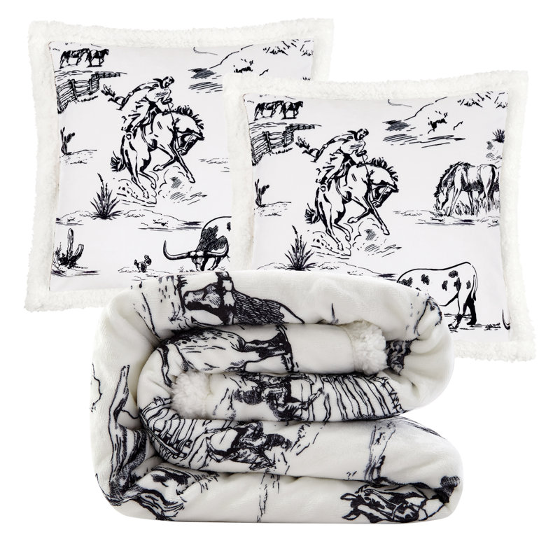 Ensemble de 2 jetés Campfire Sherpa Western Southwestern Lodge, Toile Western Black Ranch Life