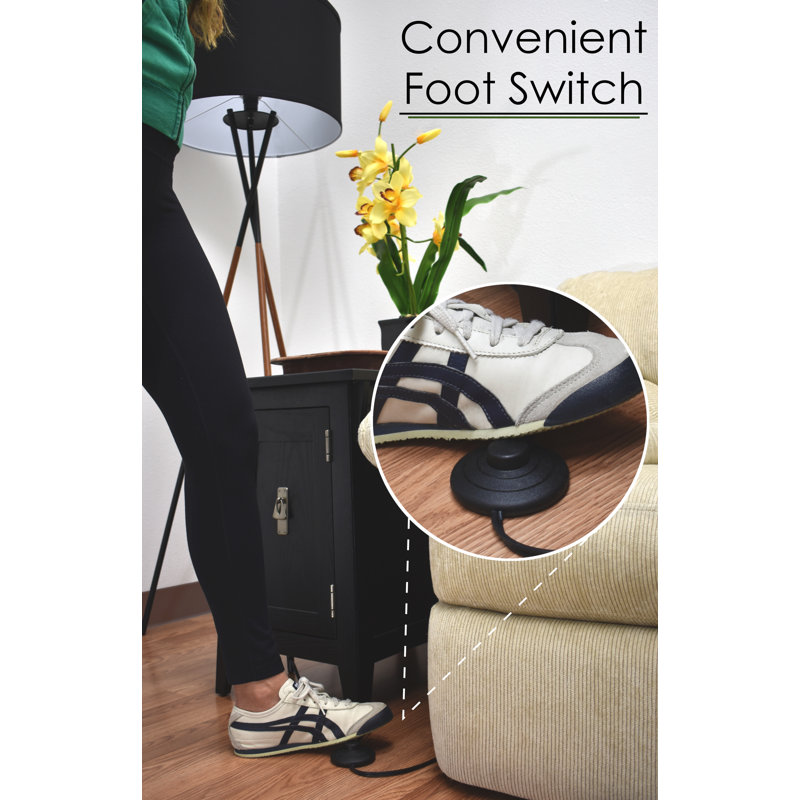 Black Tripod Floor Lamp with Fabric Shade and Faux Leather Accents
