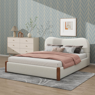 Platform Bed With Fabric-Upholstered Surface And Timber Support Legs
