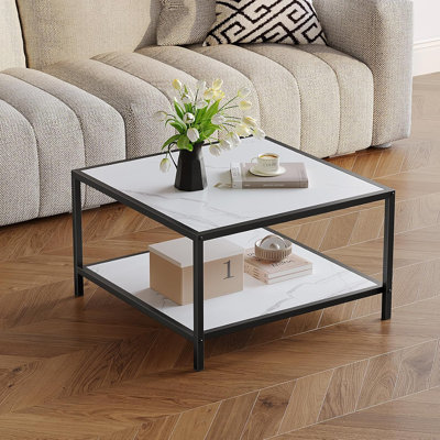 2-Tier Coffee Table, Square Small Modern Table For Living Room, Wood Center Coffee Tables For Living Room Apartment Home Office,27.6L*27.6W*17.7H Inches