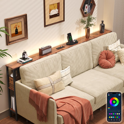 78.7" Narrow Sofa Table Behind Couch with RGB LED Lights, App Control, Power Outlet & Bookcase Storage, Console Table for Hallway Living Room in Rustic Brown