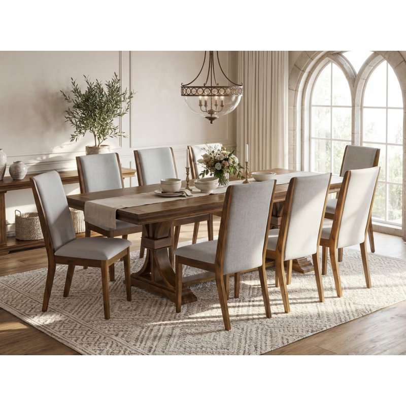 L'ensemble de table à manger 9 pièces comprend une table de cuisine rectangulaire et 8 chaises de salle à manger en tissu de lin gris, finition noyer antique