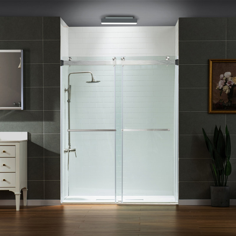 Portes de douche sans cadre de 56 à 60 po de largeur x 76 po de hauteur avec verre trempé transparent de 5/16 po (8 mm), double coulissement avec bandes d'étanchéité latérales