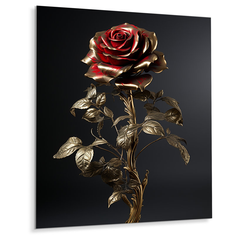 Red Rose Golden Leaves - Rose Wall Art, Métal métal, H 32 po x l 16 po x P 1 po