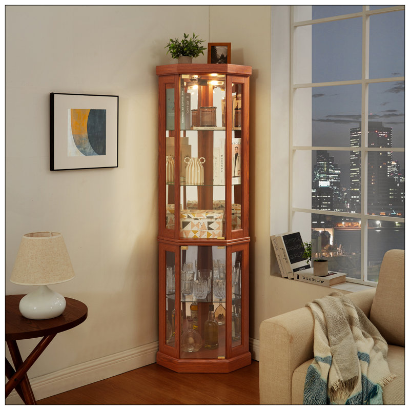 Lighted Corner Curio Cabinet - Display Case For Living Room, Antique Collectibles, Wine & Bar Glass Storage - Elegant Corner Design With Lights Included-Dark OAK