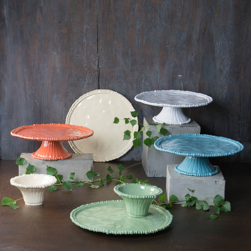 White Oval Ceramic Pedestal Cake Stand with Pearl Details