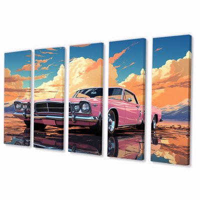 «Pink Cadillac Car At Sunset II - Car Muscle Car», ensemble d'art mural 5 pièces