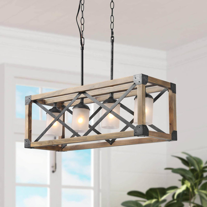 Gatlin 4 - Light Kitchen island linearPendant with Wood Accents, Frosted, Natural