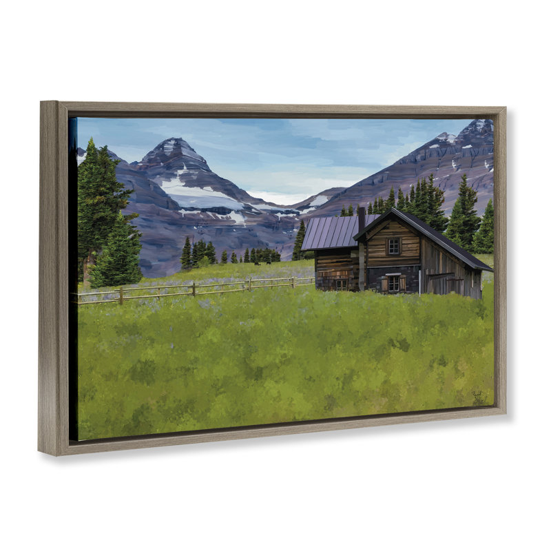  «Cabin on Ranch Landscape», toile flottante encadrée par Renel Peters, H 17 po x l 25 po, Cadre flottant orme Montalcino