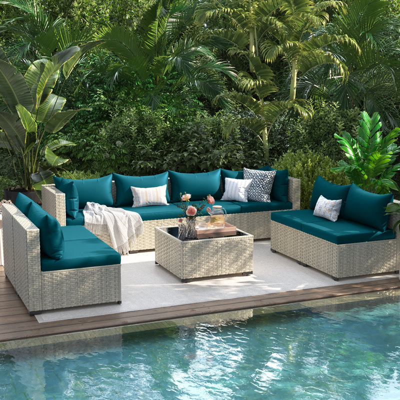9 Pieces Rattan Patio Conversation Sets With Cushions, Peacock Blue
