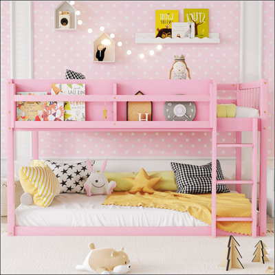 Lit superposé bas simple au-dessus de simple, lit superposé au sol avec échelle, lit superposé simple en bois massif pour enfants et enfants, rose
