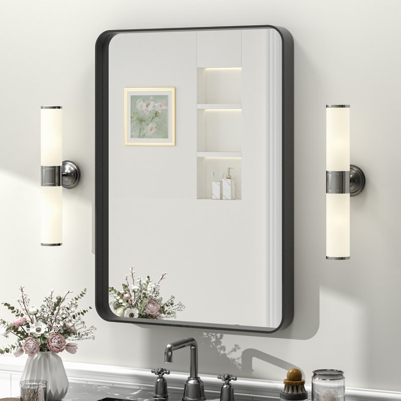 Molly Tempered Glass and Metal Framed French Cleat Mounted Wall Bathroom / Vanity Mirror, 28" x 20", Black