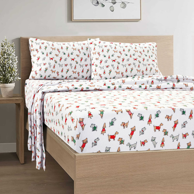 Ensemble de draps 100% flanelle de coton Colyt, Ensemble pour grand lit + drap-housse + 2 taies d', Chiens d'hiver