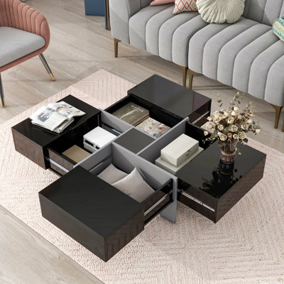 Table basse avec 4 compartiments de rangement cachés, table basse carrée