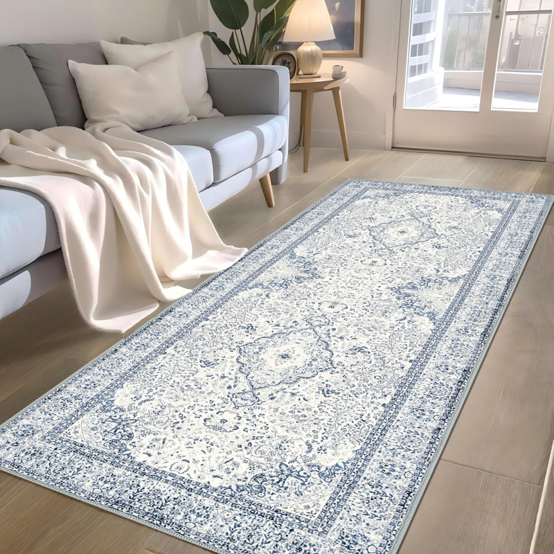 Washable Area Rug, Non-Slip Low Pile Soft Vintage Floral Print Carpet For Living Room, Bedroom, Kitchen Bathroom,Stain Resistant Lightweight Indoor Rugs,BLUE