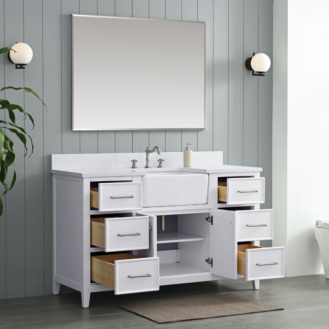 Aisa 54" Pine Single Bathroom Vanity, White/Brushed Nickel