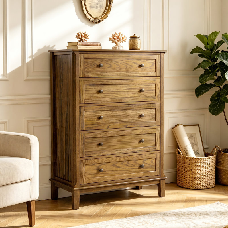56"H  Retro Style 5 Drawers Solid Wood Dresser, Natural