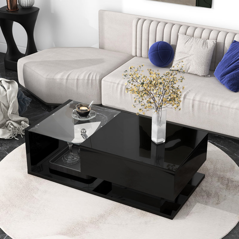 Table basse noire avec panneau de particules stable et surface en verre trempé brillant, Noir