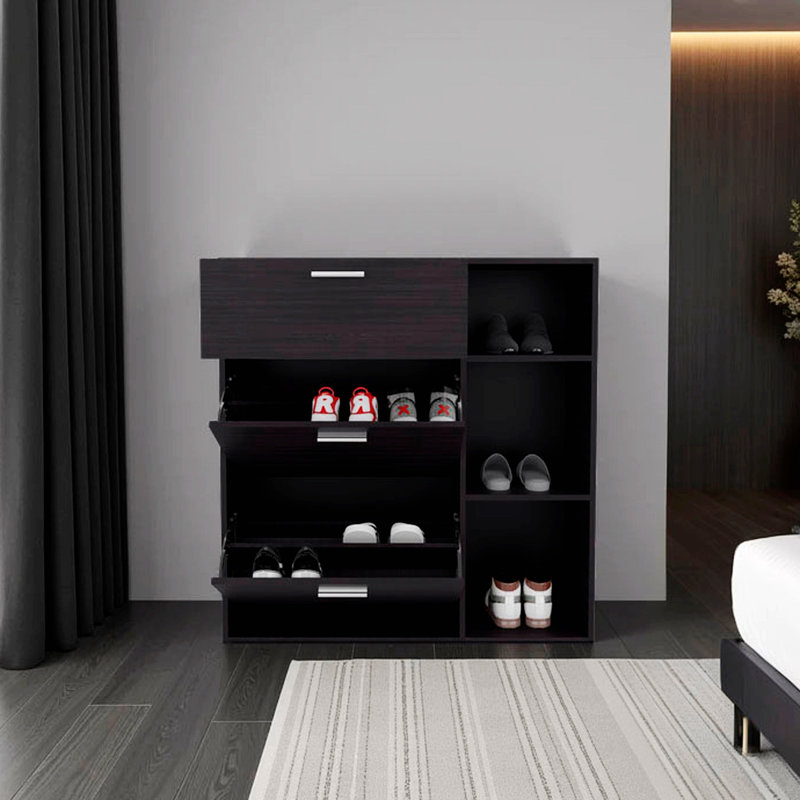 Armoire de rangement à chaussures à 1 tiroir avec 2 tiroirs inclinables, Wengé