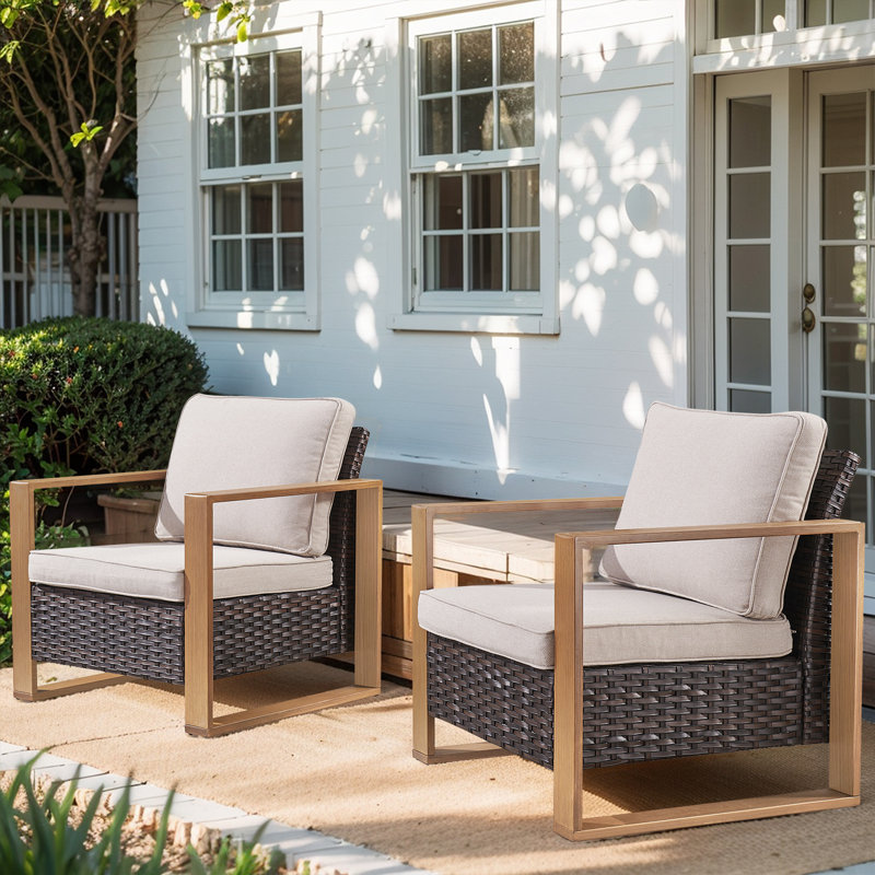 Drazen Outdoor Wicker Club Chair Set Of 2 With Thick Cushions & Unique Wood-Grain Armrests, Beige/Brown