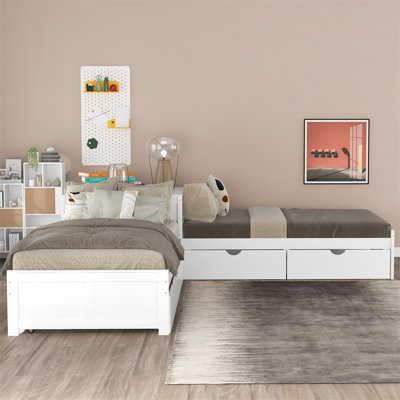 Base de lit simple en L avec lit gigogne, table de bout et table intégrée