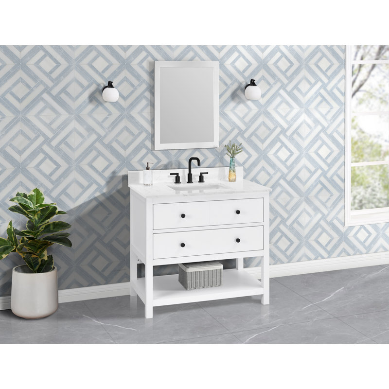 Meuble-lavabo simple 36 po avec comptoir en quartz blanc Carrara, lavabo et dosseret Encino, blanc frais, pré-assemblé Encino
