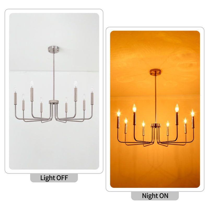 Farmhouse 8-Light Candle Chandelier For Kitchen, Living Room, Brushed Nickel