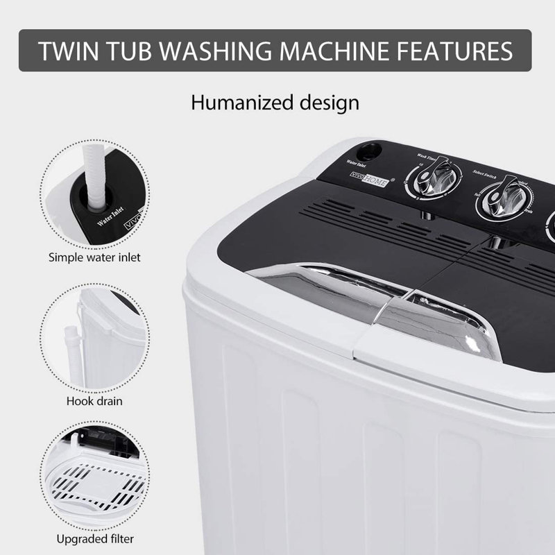 Electric Portable Twin Tub Mini Laundry Washer and Spin Dryer Combo Washing Machine