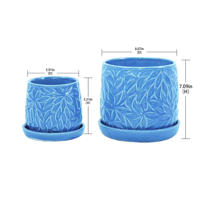 Ensemble de 2 pots de fleurs en céramique, pot à fleurs moderne 7 ", Bleu marine antique
