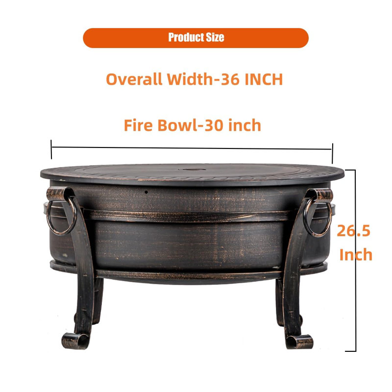 Jimiyah  36"W x 25.6"H Wood Burning Fire Pit with Lid & Grill, Outdoor Fire Pit Table