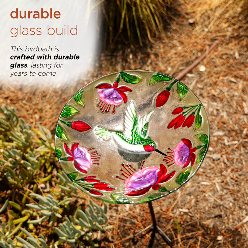 10" Floral Glass Stake Birdbath with Hummingbird Design
