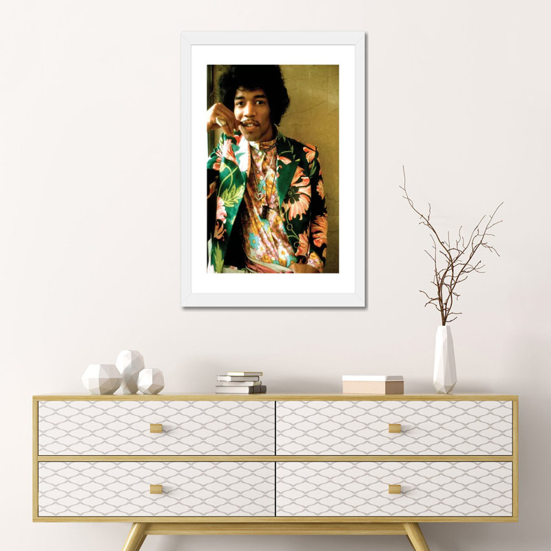 «Jimi Hendrix», reproduction de photo, H 24 po x l 16 po x P 1 po, Papier encadré blanc, Blanc