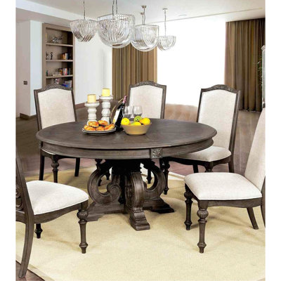 7 Rustic Dining With Round Table, Upholstered Chairs, And Intricate Leg Ornamental Work 7pc 6 Pedestal Base Structure Features