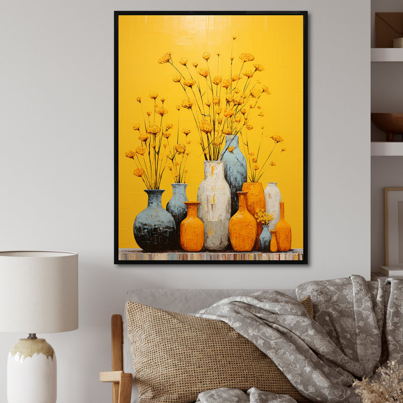 Minimalisme, poteries jaunes sur toile, H 40 po x l 30 po x P 1,5 po, Cadre flottant noir