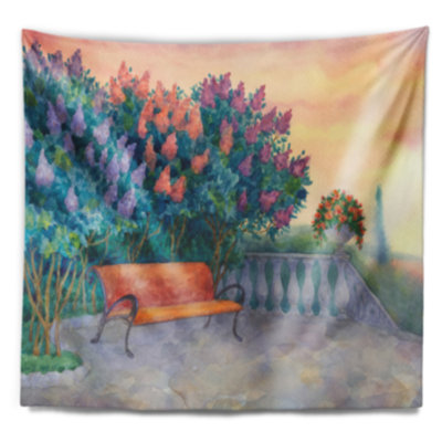 Banc de paysage sous une tapisserie lilas en fleurs